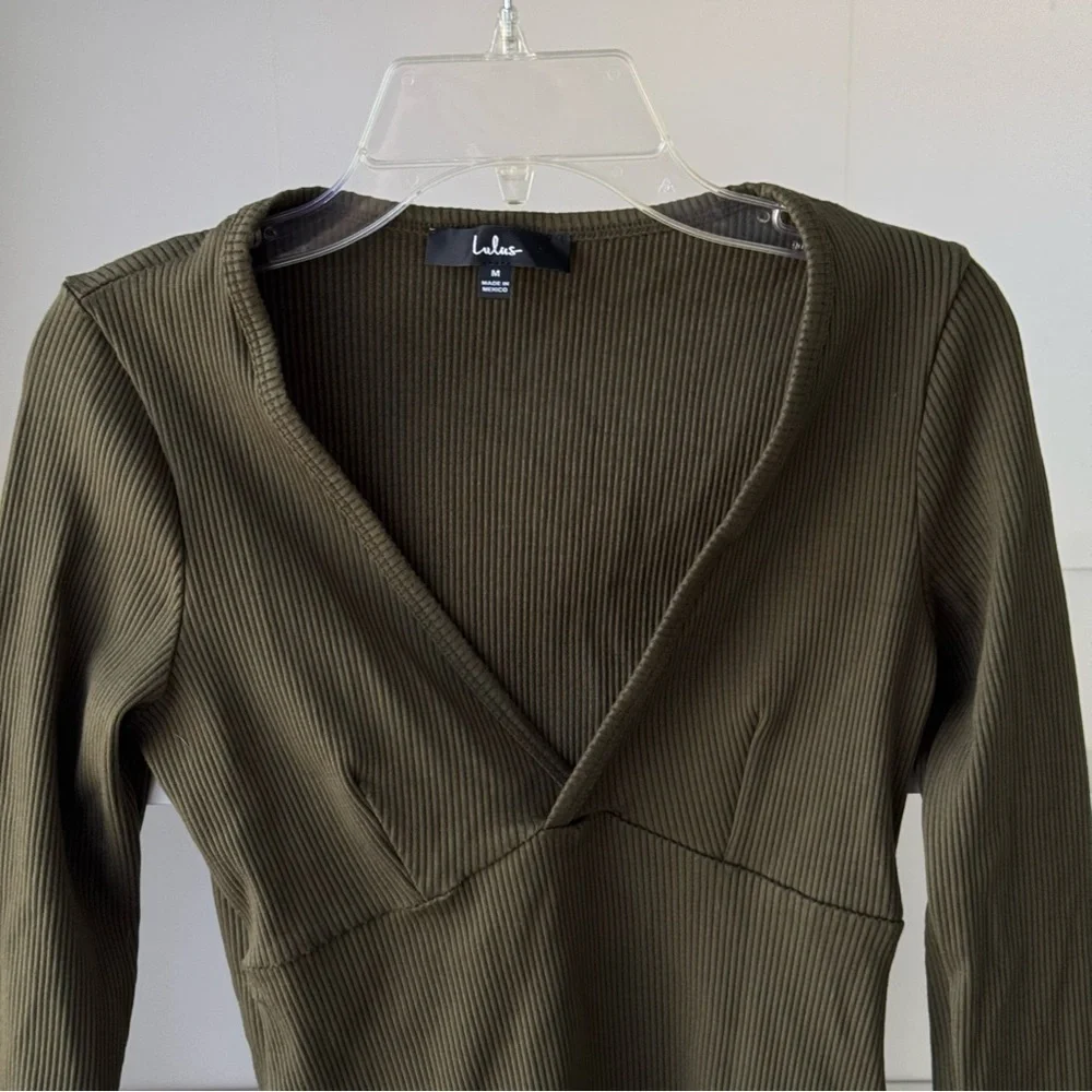 LULUS Always Aesthetic Olive Green Ribbed Long Sleeve Bodysuit - Picture 6 of 8